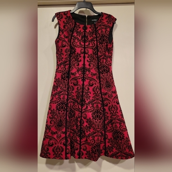 Roz & Ali red and black damask, floral, velvet pattern sleeveless midi dress - Picture 1 of 5